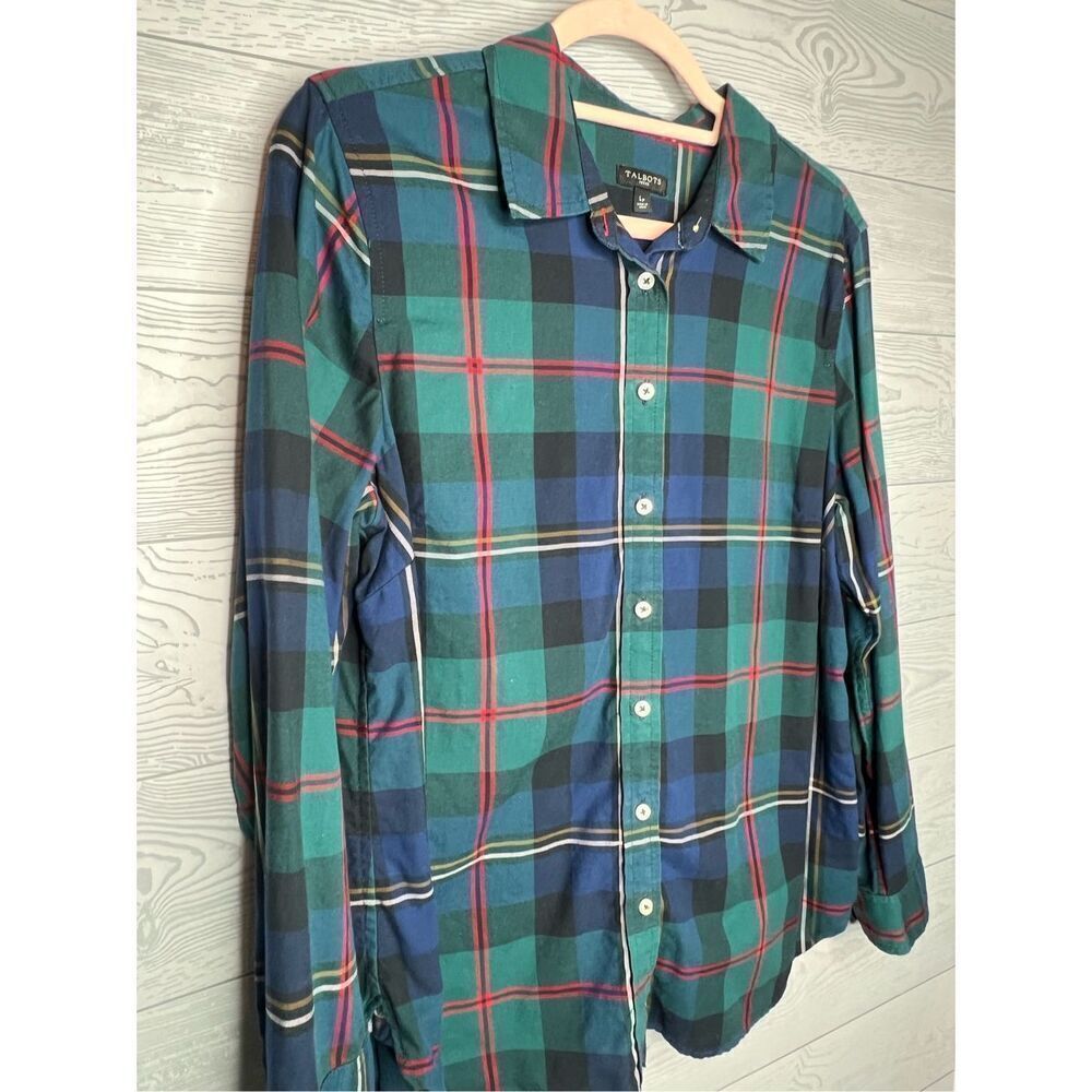 Talbots green and navy plaid button-down size large petite - Picture 2 of 7